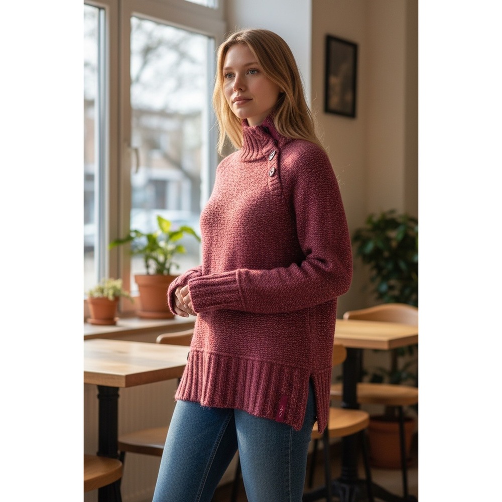 Lole Womens Heathered Raspberry‎ Pink Button Funnel Neck Wool Blend Sweater Med